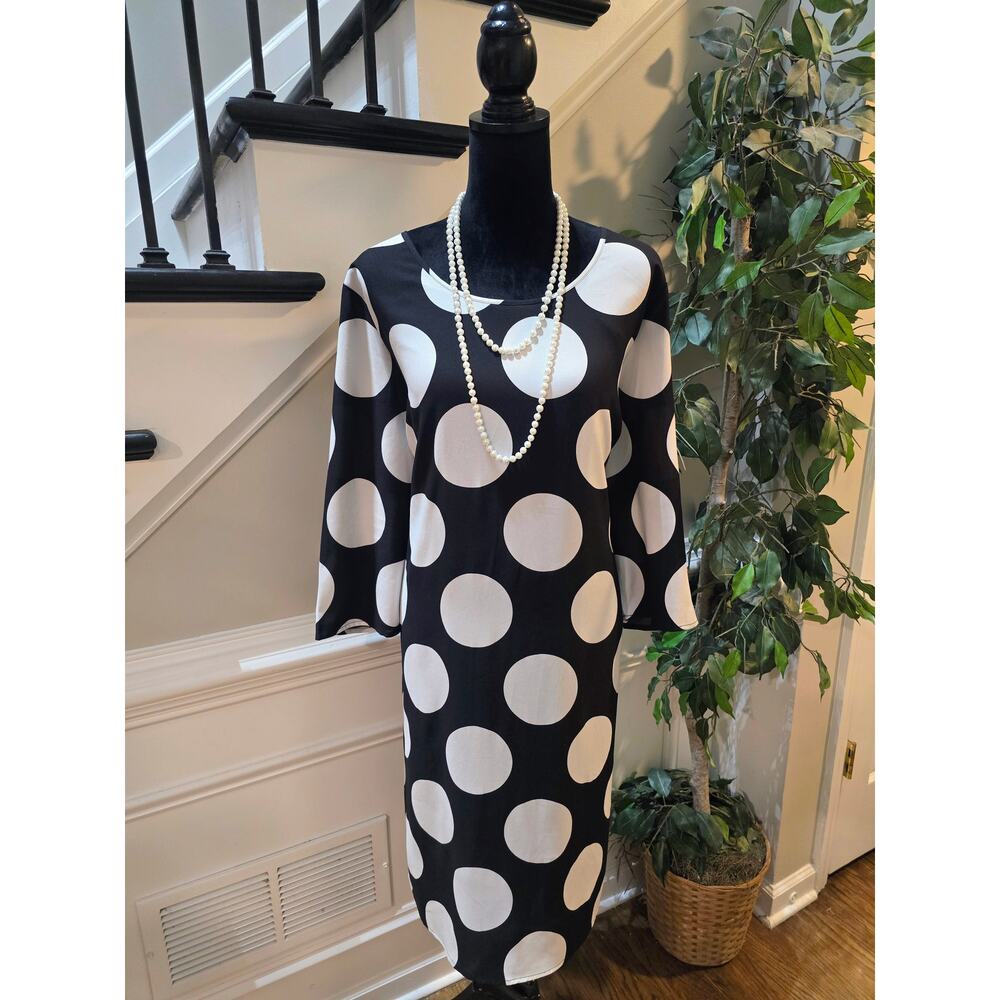 Lane Bryant A-line Dress 18/20 Black White Polka Dot Scoop Fluted Sleeve